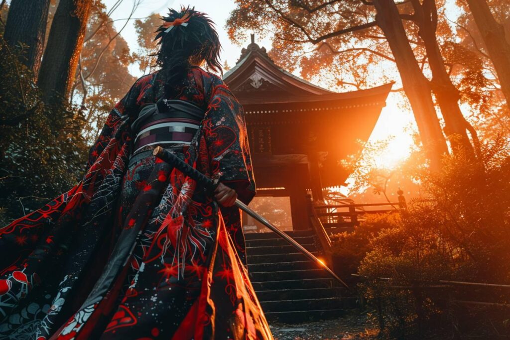 Personne en kimono noir et rouge devant un temple japonais à l'automne