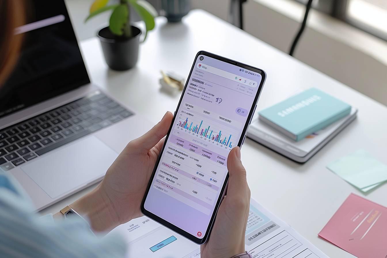 Un smartphone affichant des graphiques et des statistiques sur un bureau de travail