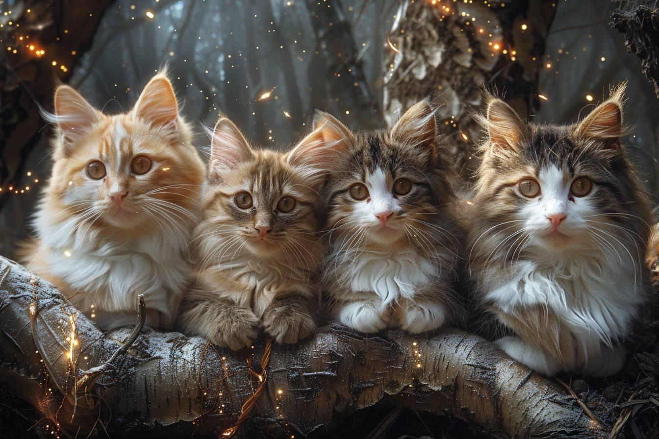 Quatre chatons fourrés blottis ensemble sur un tronc d'arbre décoré de lueurs dorées