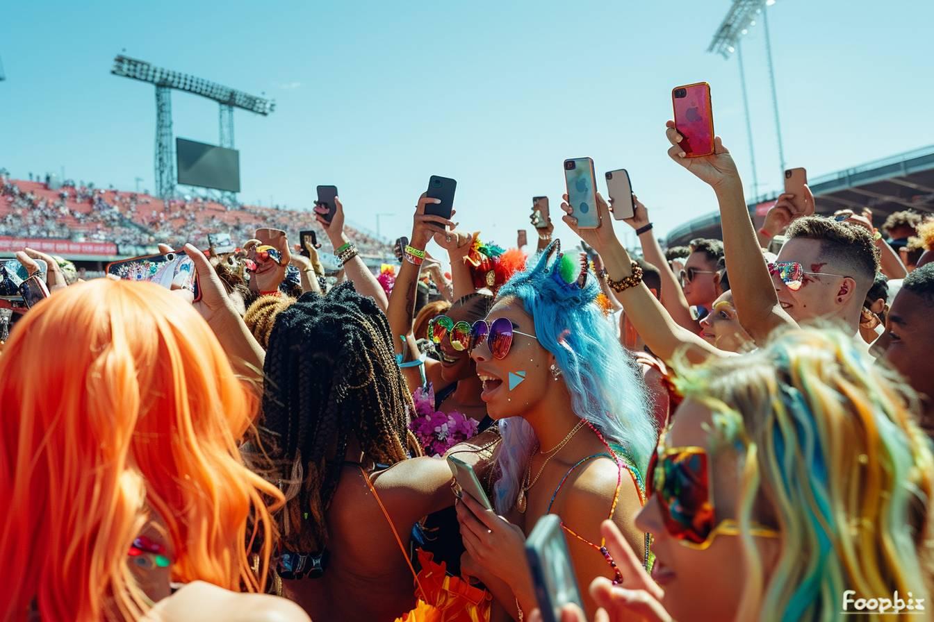 Crowd of people at a colorful festival taking selfies with their phones.