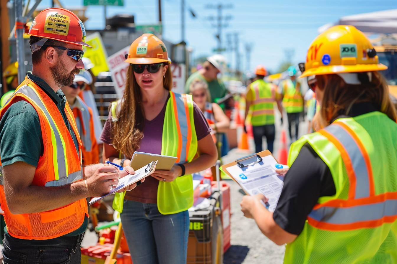 Construction site with workers in safety gear discussing project plans