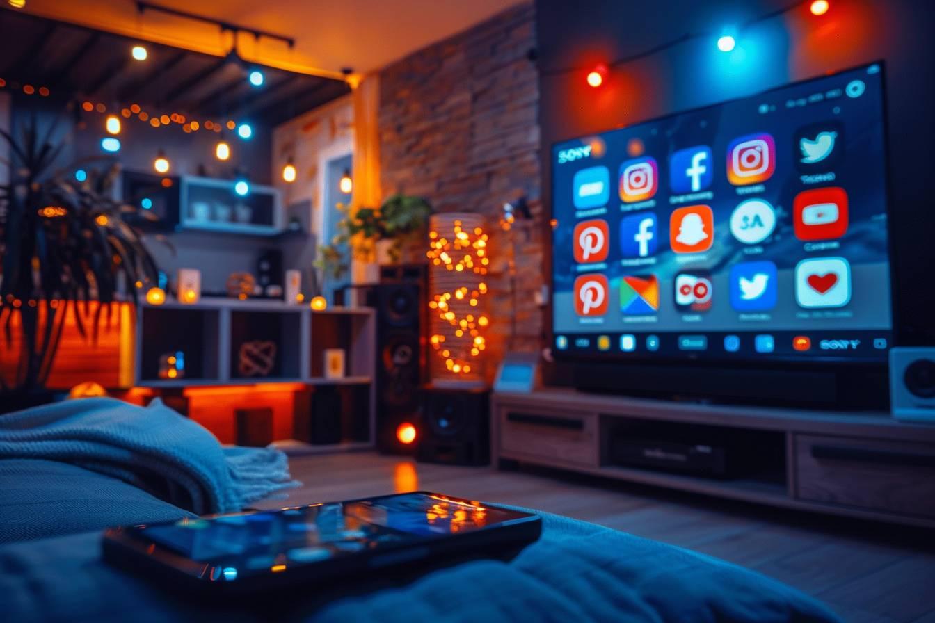 Cozy living room with TV displaying social media apps and game controller