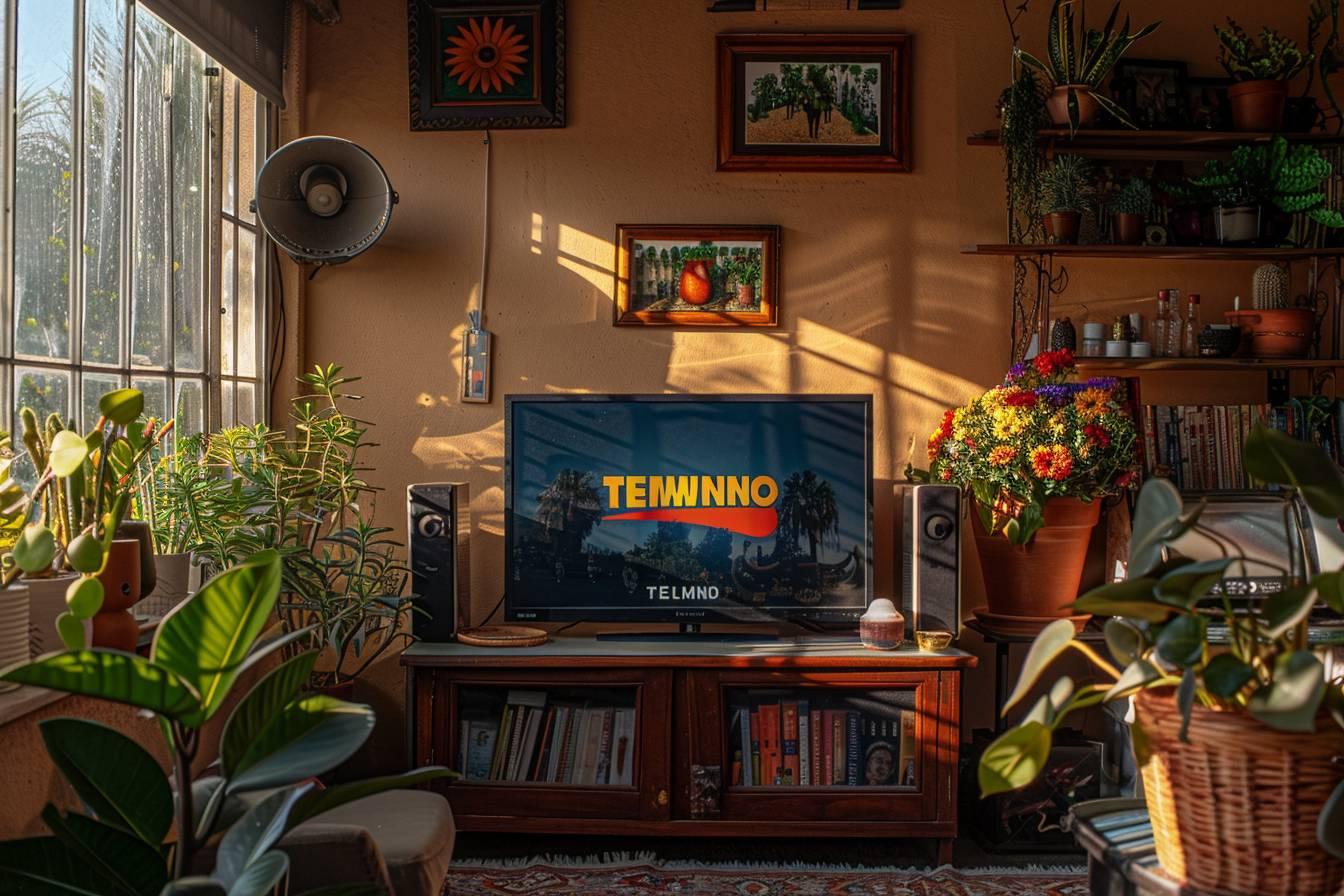 Warm, inviting living space with TV, plants, and decor elements.