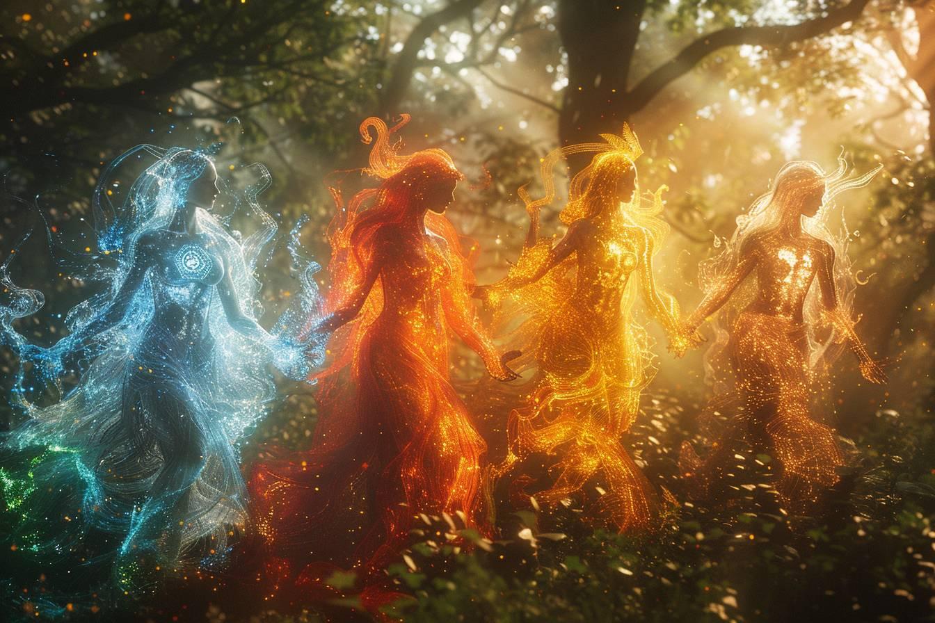 Figures féminines dansant dans une scène fantastique avec des éléments naturels