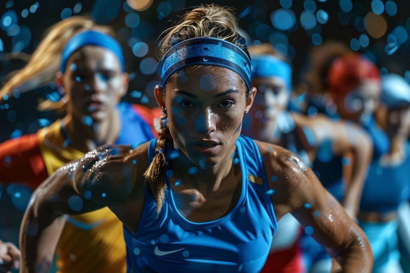 Un danseur athlétique en costume bleu et bandeau bleu se produit sur scène.