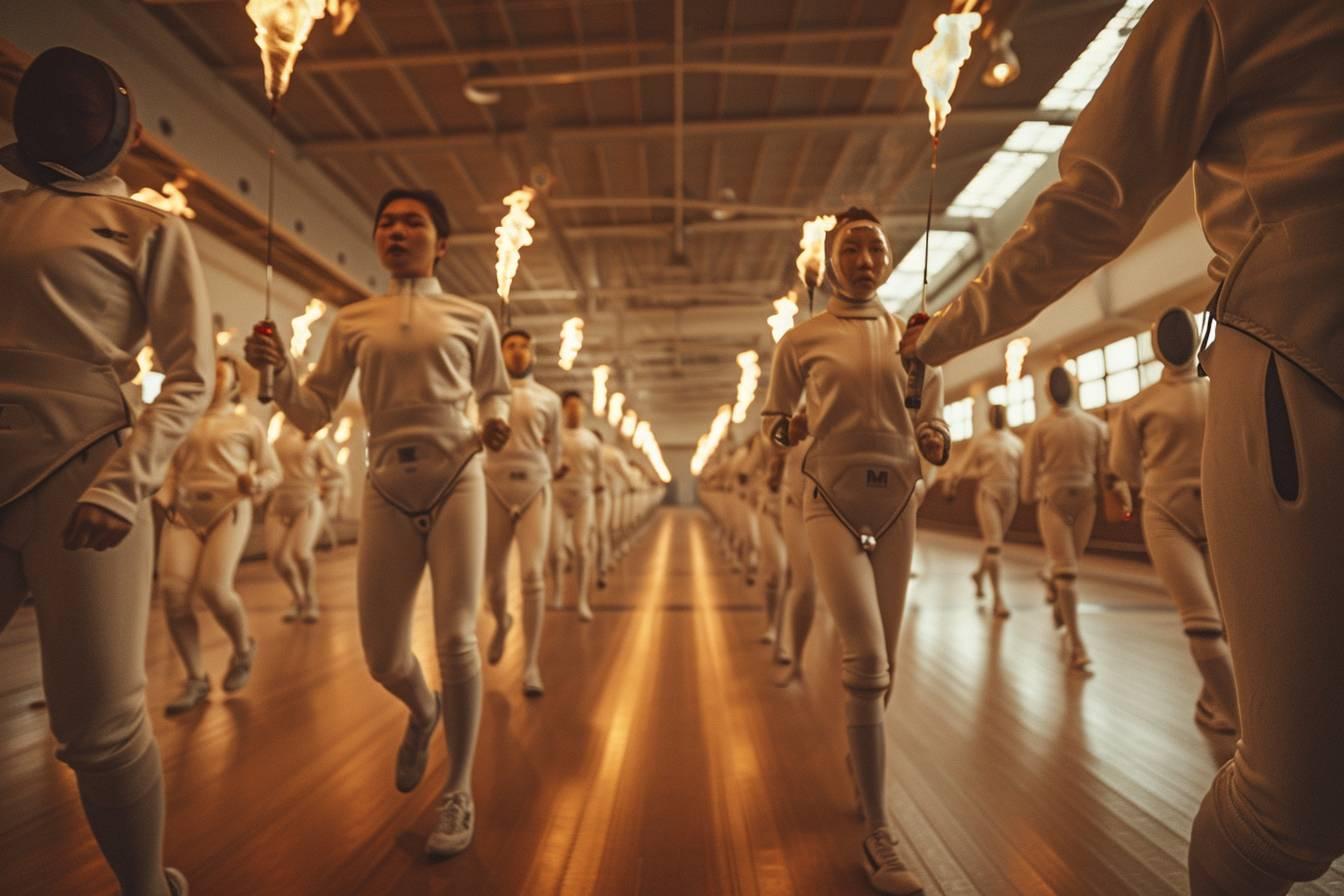 Groupe de personnes en costumes blancs marchant dans un couloir éclairé