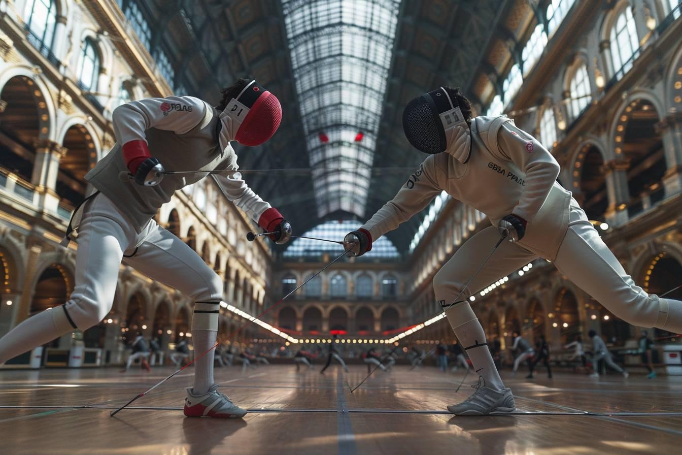 Deux escrimeurs en costumes blancs s'affrontent dans un atrium élégant