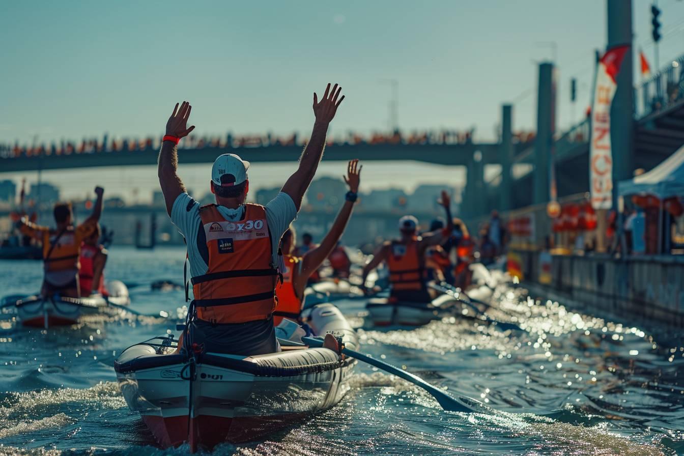 A person in an orange life jacket celebrates with raised arms on a boat race.