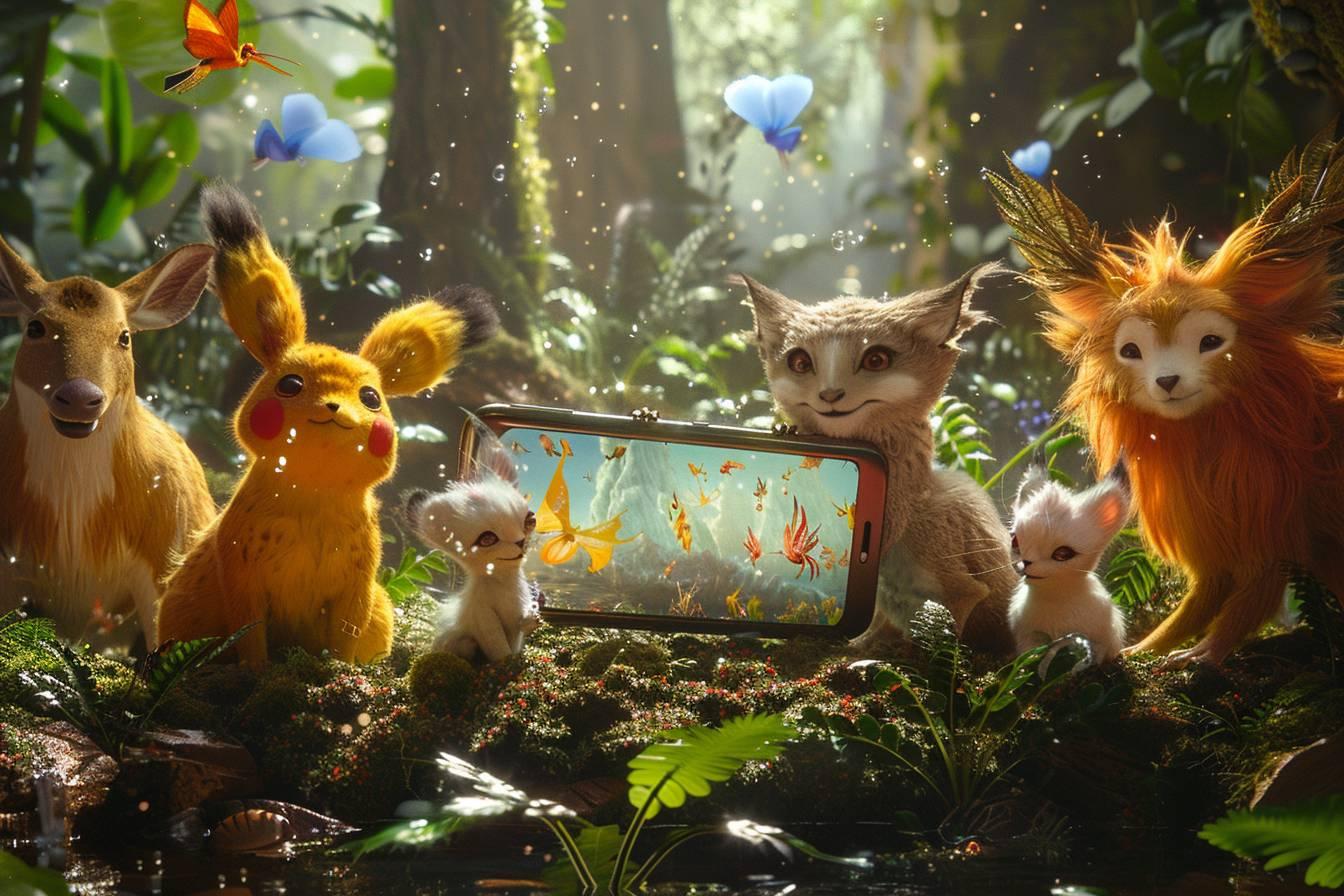 Des créatures fantaisistes jouant avec un téléphone dans une forêt magique.