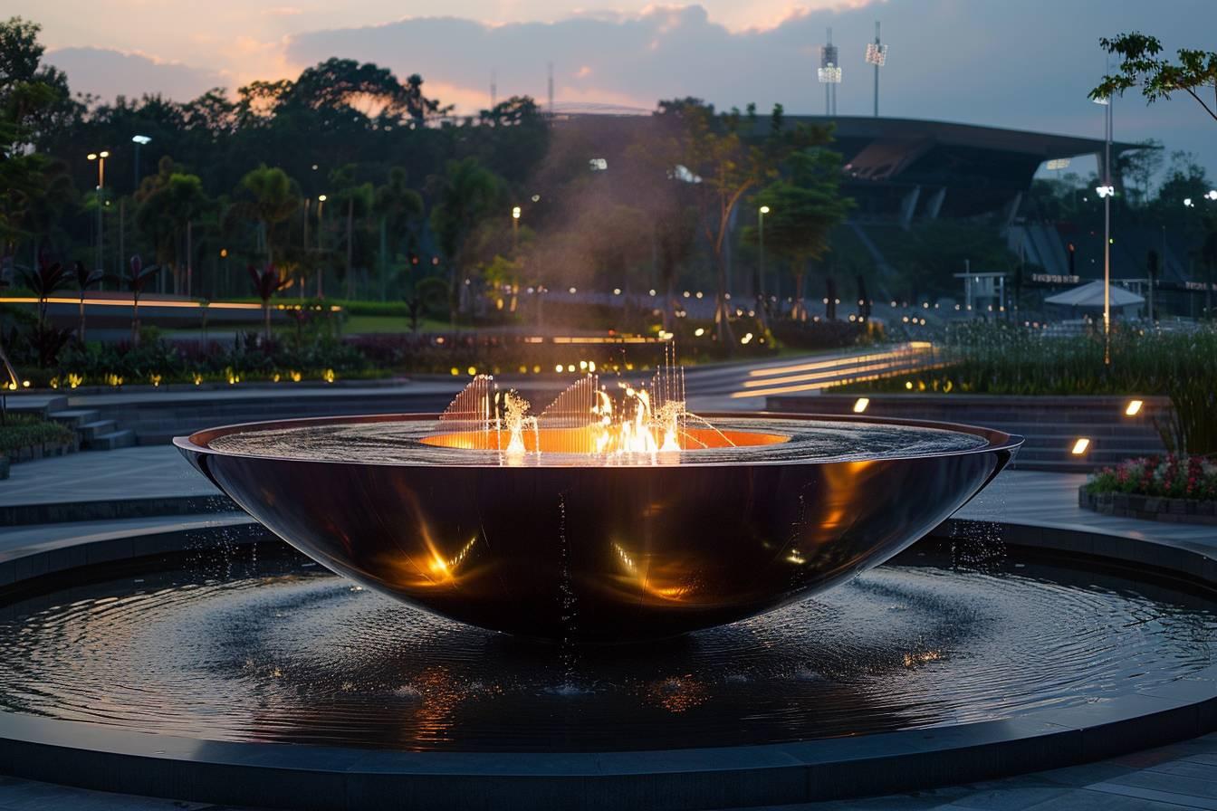 A glowing metal fountain with water jets under a dark sky at sunset