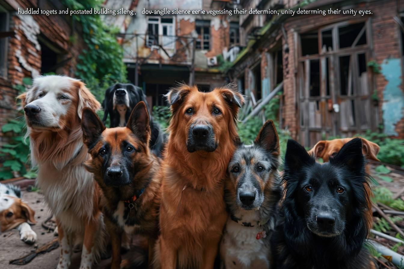 Groupe de chiens de différentes races réunis dans un lieu verdoyant