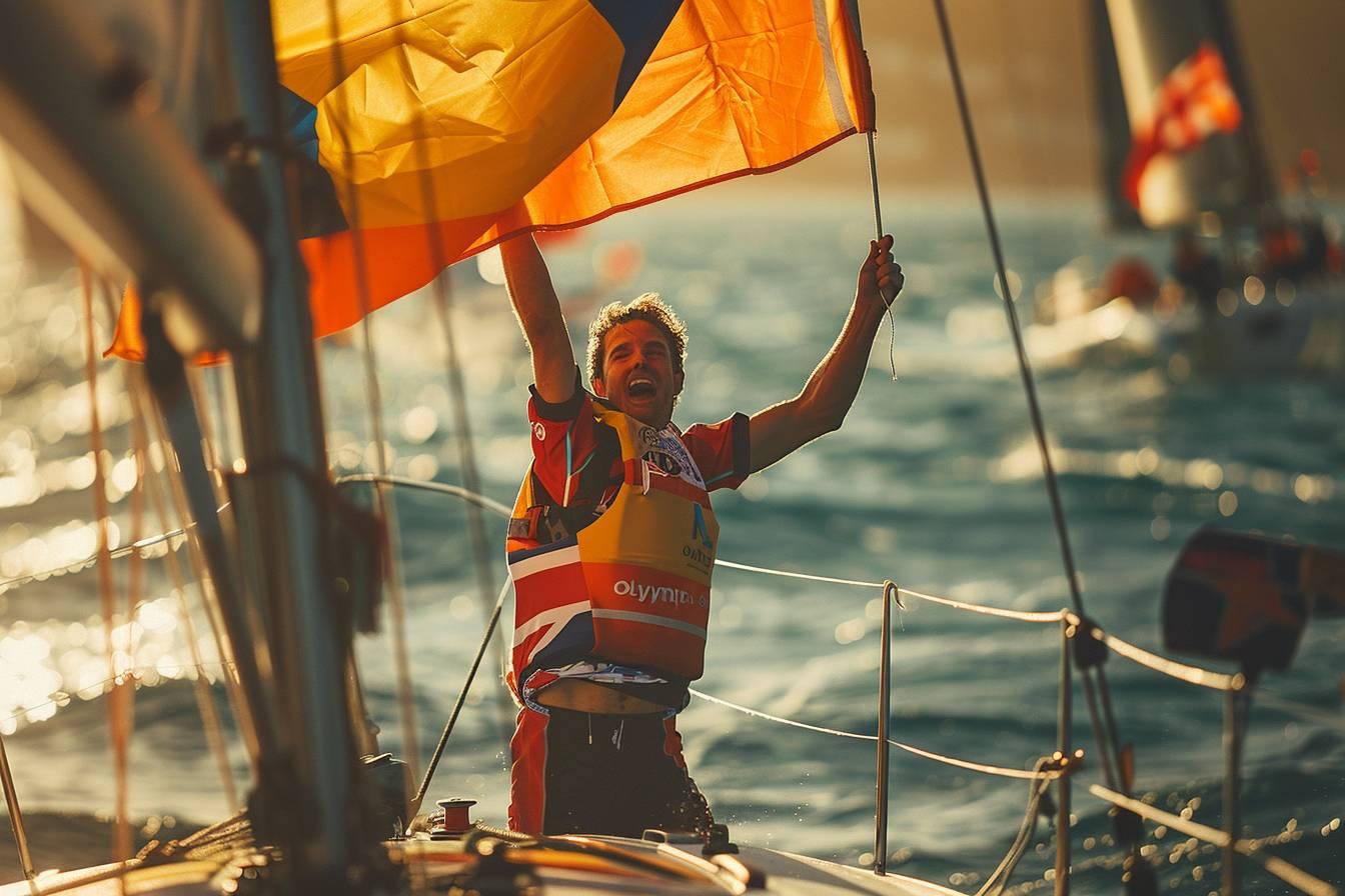 Person raising orange and yellow flag on sailing boat at sea