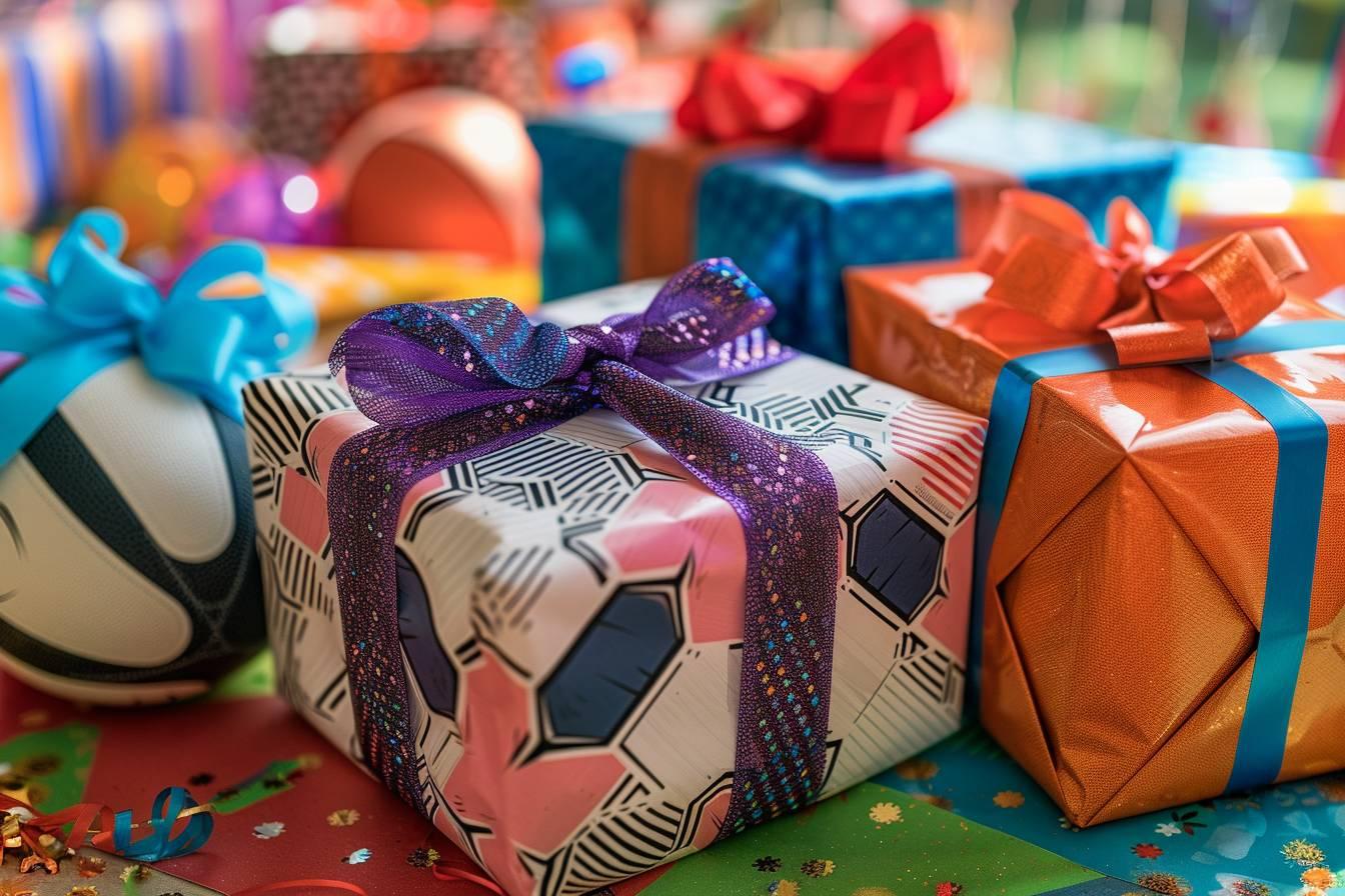 Colorful birthday or holiday gifts wrapped in patterns and bows.