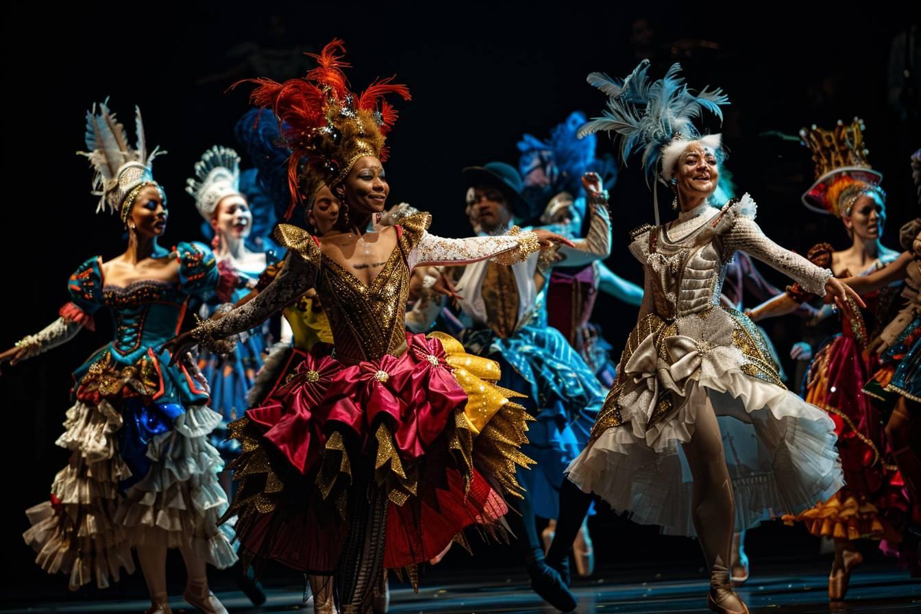 Performers in colorful, elaborate costumes dancing on stage