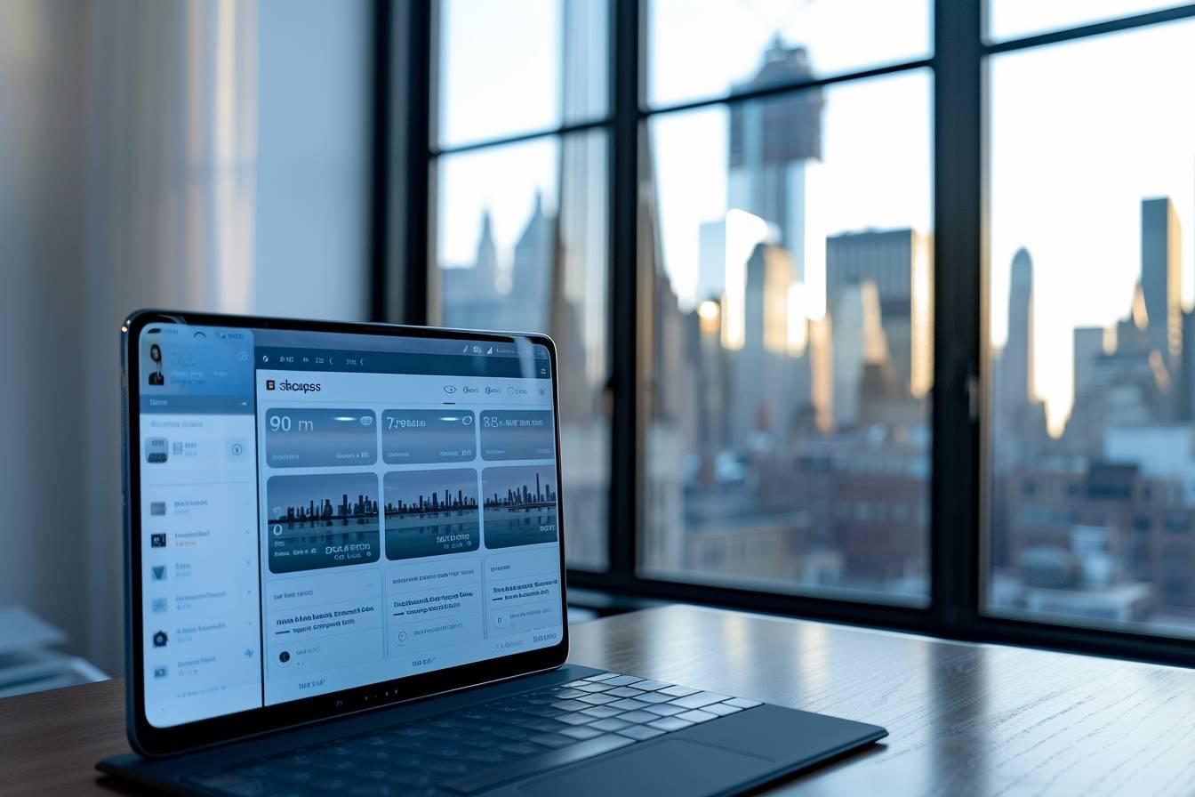 Ordinateur portable affichant des données sur la ville en arrière-plan