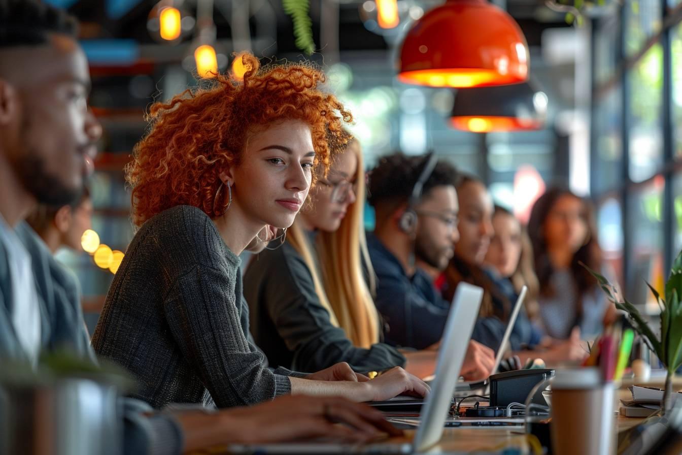 Groupe de jeunes concentrés sur leurs ordinateurs portables dans un bureau.