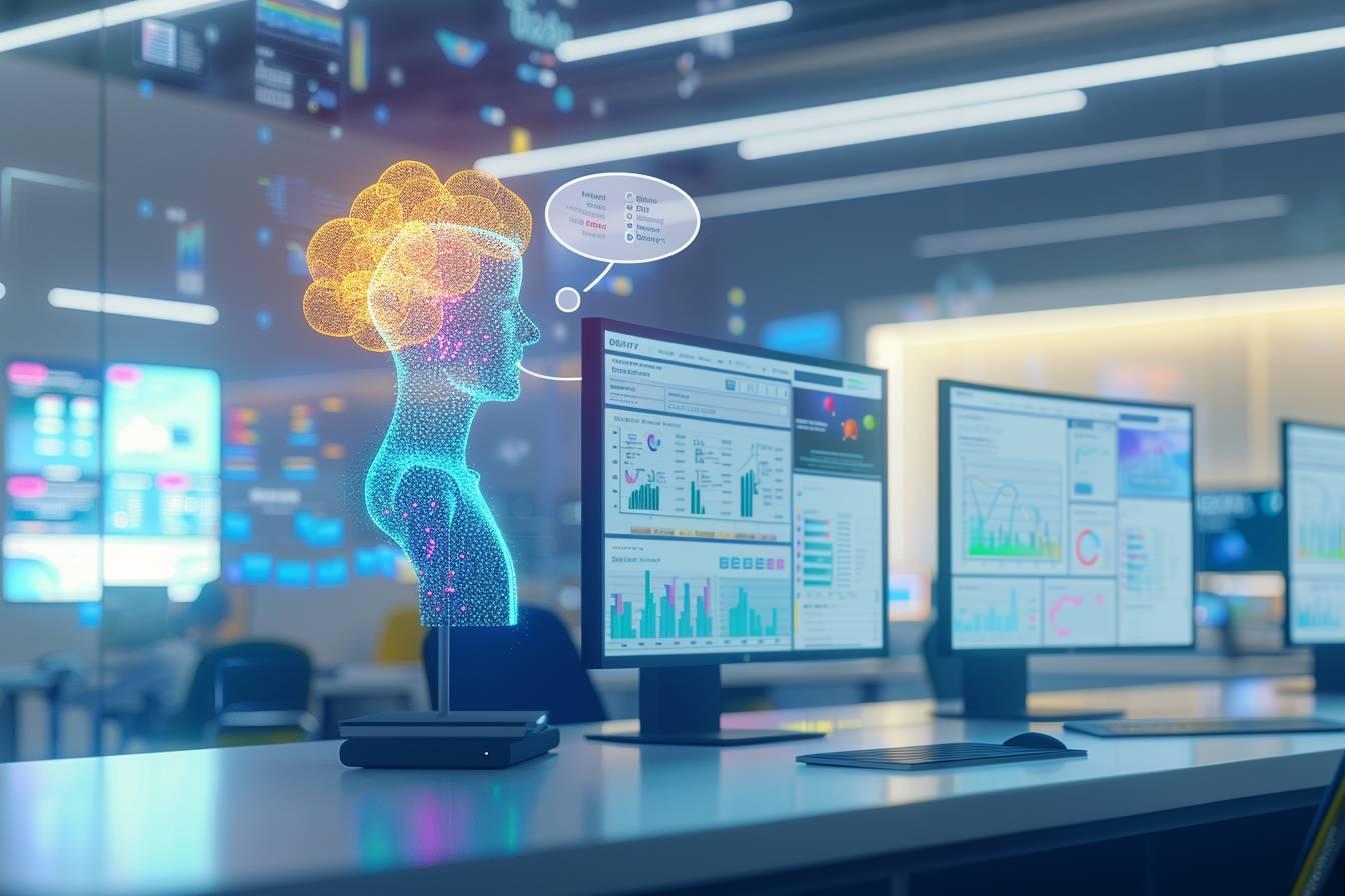 Une image futuriste montrant une figure humanoïde lumineuse et des écrans d'ordinateur affichant des données et des graphiques.