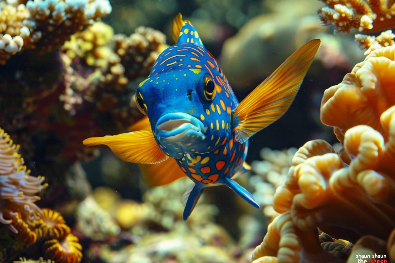 Poisson bleu et orange avec des motifs tachetés dans un récif de corail