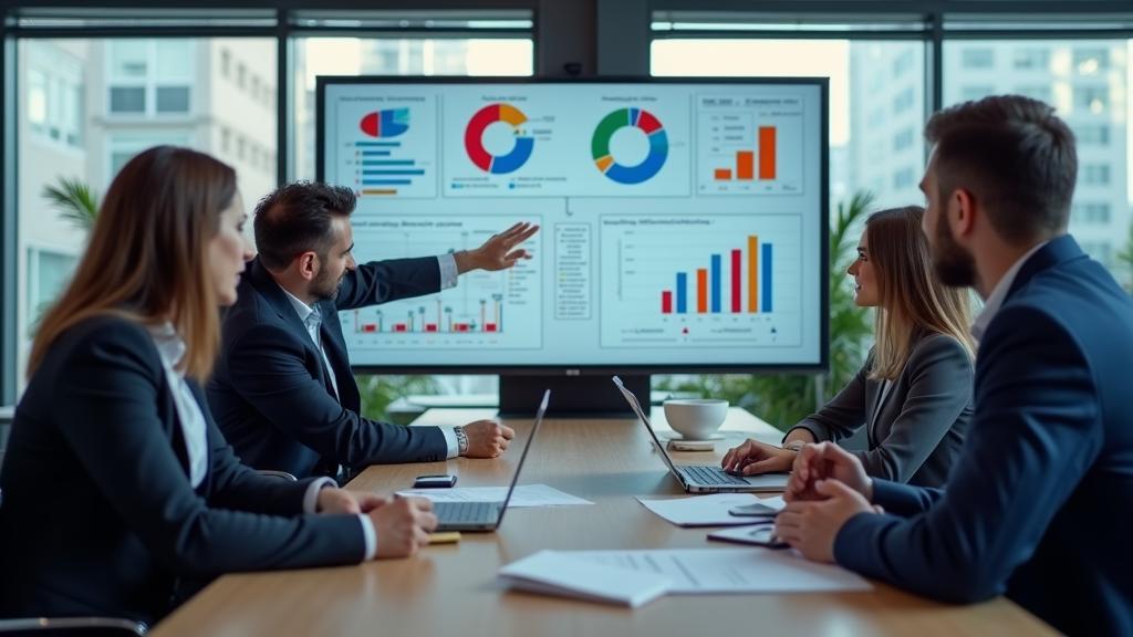 Groupe de personnes discutant des graphiques et des données sur un écran