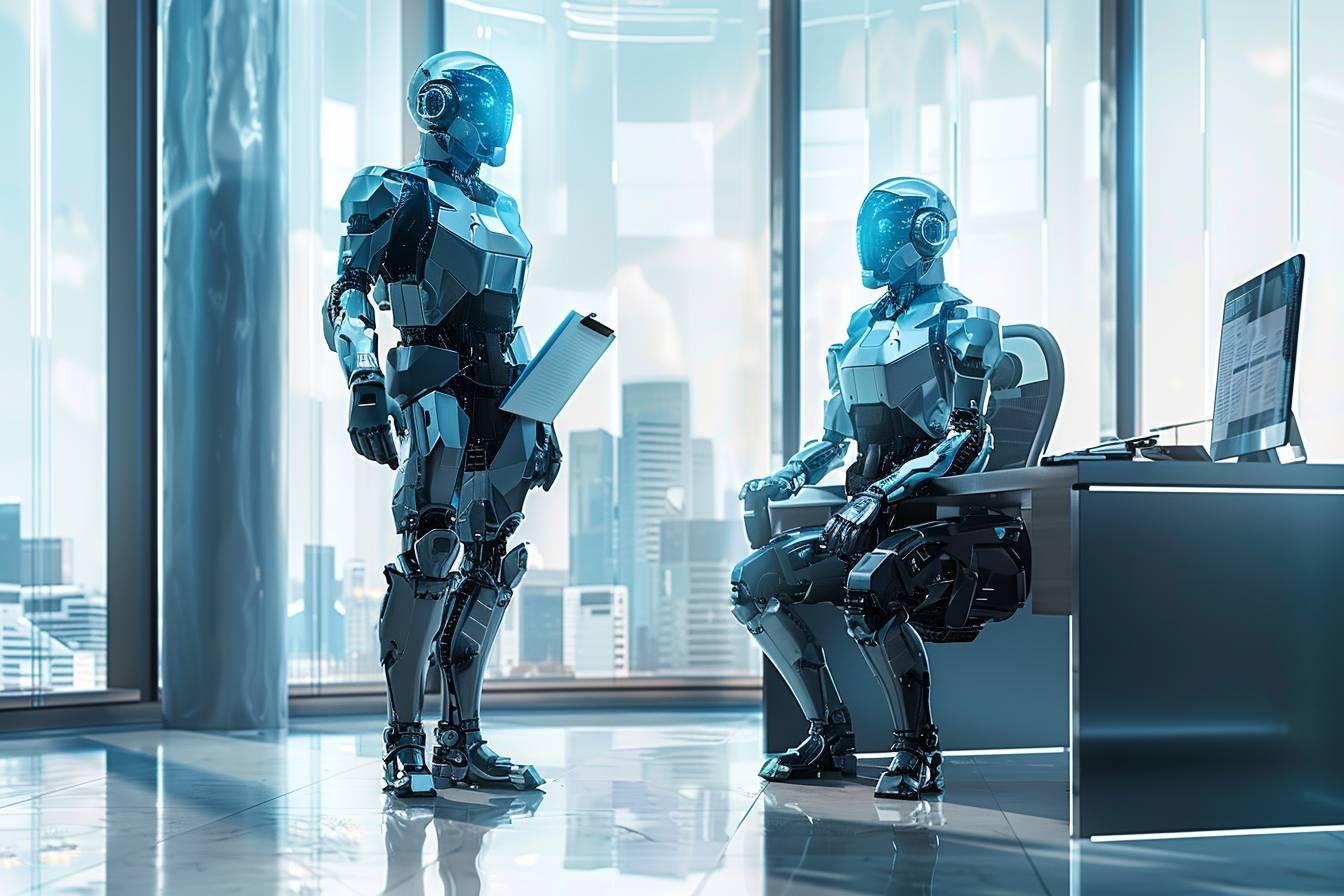 Deux robots bleus et noirs dans un bureau moderne avec fenêtres