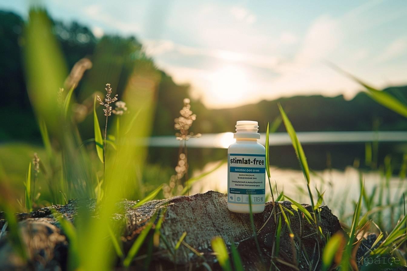 Bouteille de stimulant naturel posée sur une souche dans un paysage de forêt et de montagne