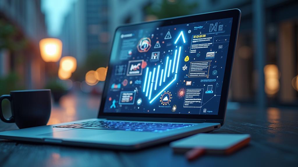 Ordinateur portable affichant des interfaces graphiques technologiques