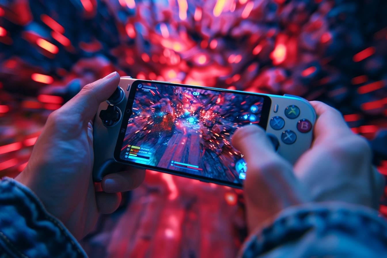 Gros plan sur un smartphone affichant un jeu vidéo avec des effets lumineux et visuels.