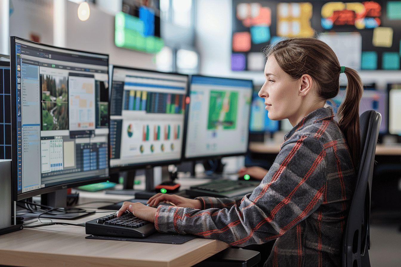 Femme travaillant sur plusieurs écrans d'ordinateur dans un bureau