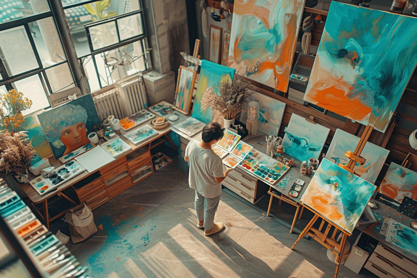 Pièce remplie de peintures murales colorées et d'un homme peignant