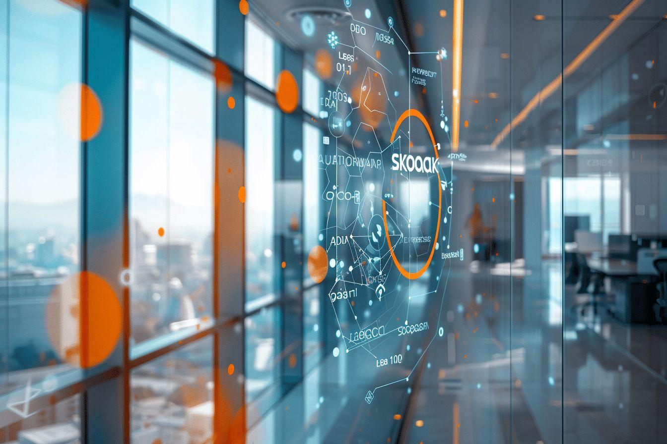 Vue d'un bureau moderne avec une fenêtre et une carte technologique projetée.