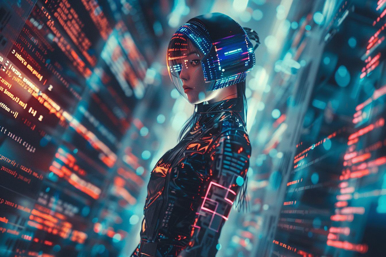Une femme aux longs cheveux noirs portant un casque lumineux dans un environnement futuriste.