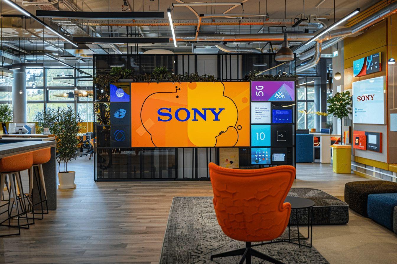 Intérieur sophistiqué d'un bureau Sony avec mobilier coloré et écrans numériques.