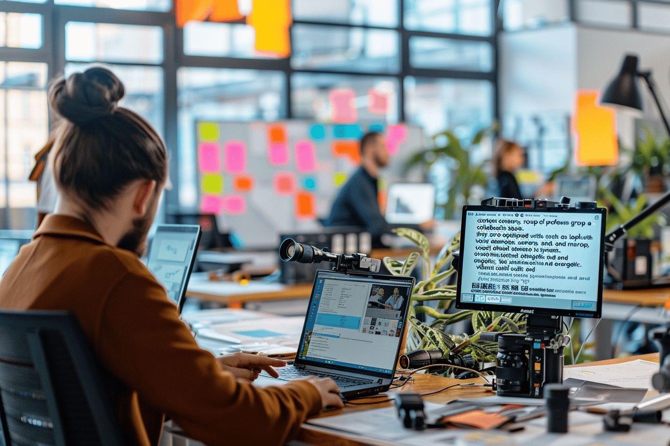 Un espace de bureau moderne avec ordinateurs, caméras et plantes, montrant un travail collaboratif