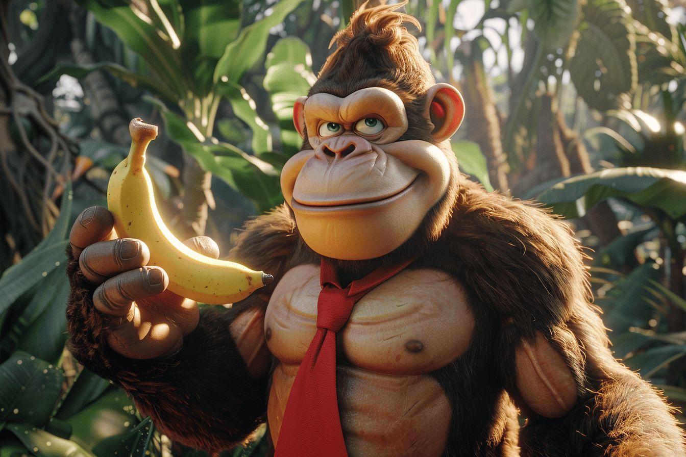 Personnage de dessin animé gorille tenant une banane dans un environnement tropical