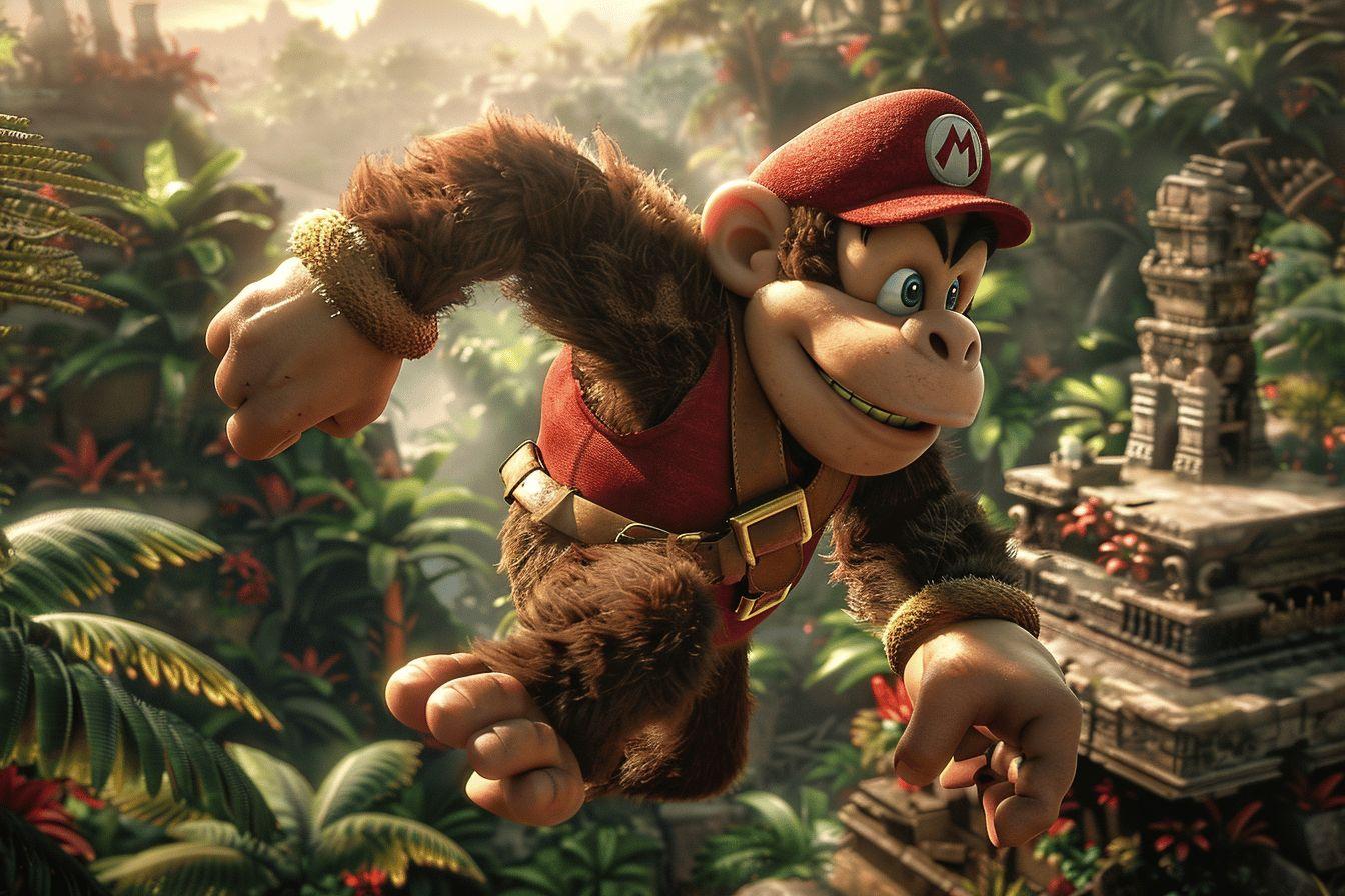Personnage de jeu vidéo Mario sous forme de gorille dans une forêt tropicale