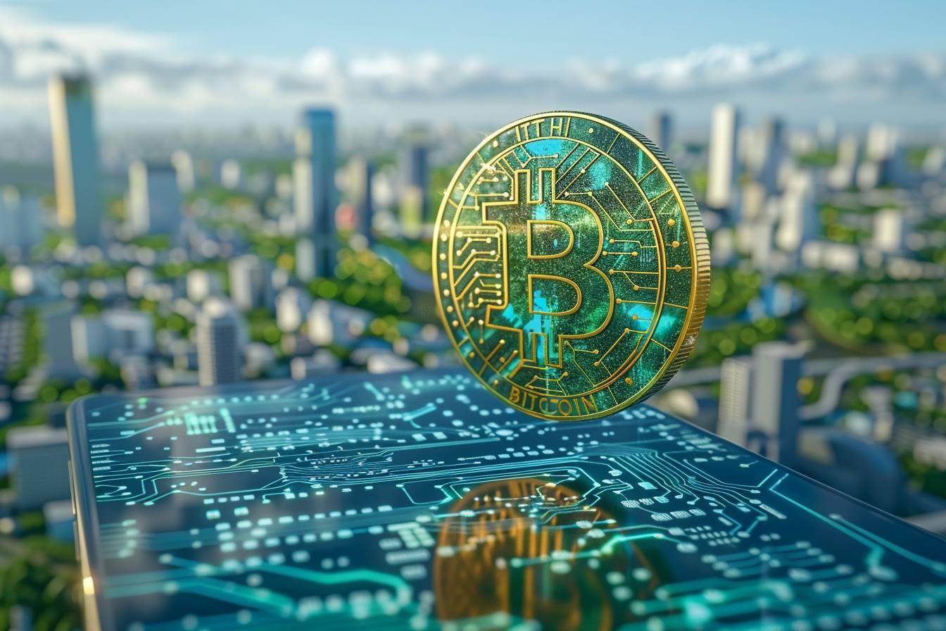 Une pièce de monnaie dorée et brillante de Bitcoin en gros plan, devant une skyline urbaine floue.