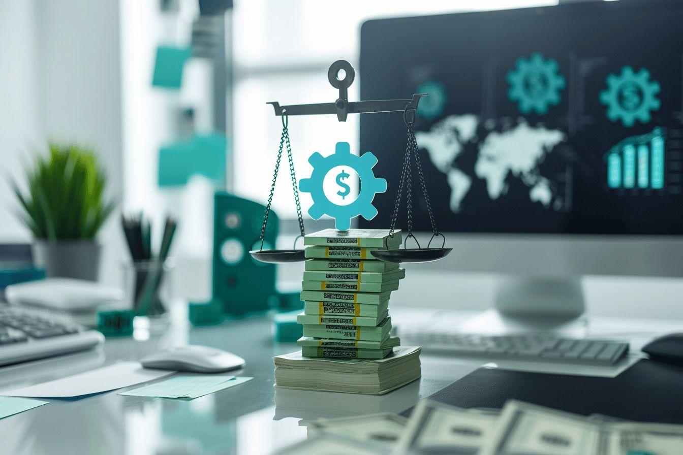 Échelle avec piles de documents et symbole dollar, bureau numérique