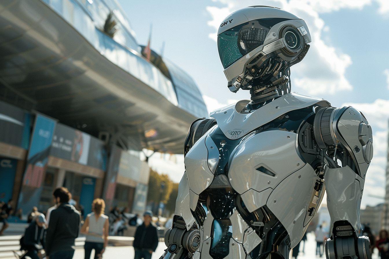 Robot avec un casque blanc, debout dans une ville animée