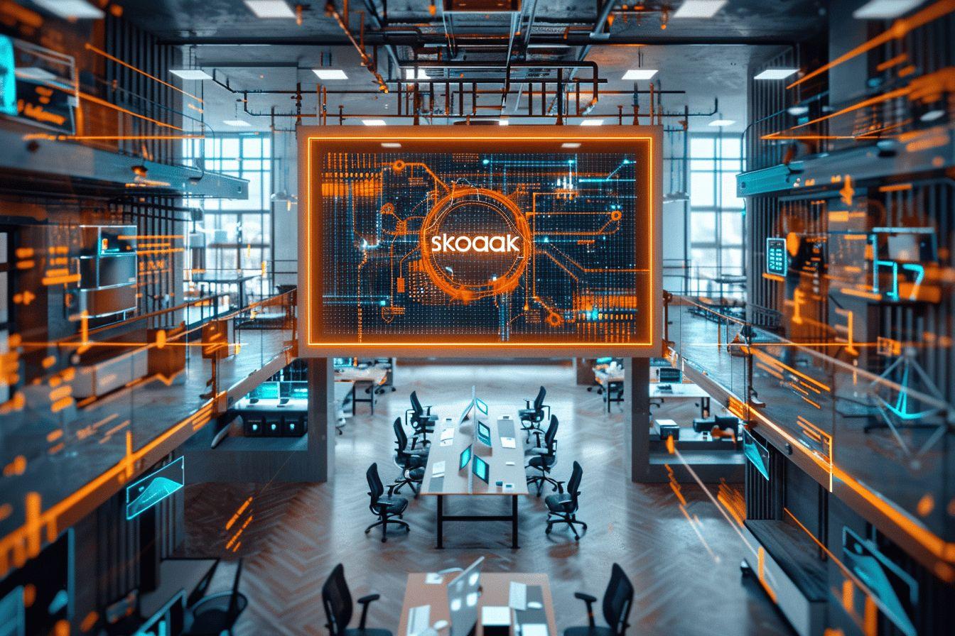 Salle de bureau avec écran holographique Skooak et équipement high-tech