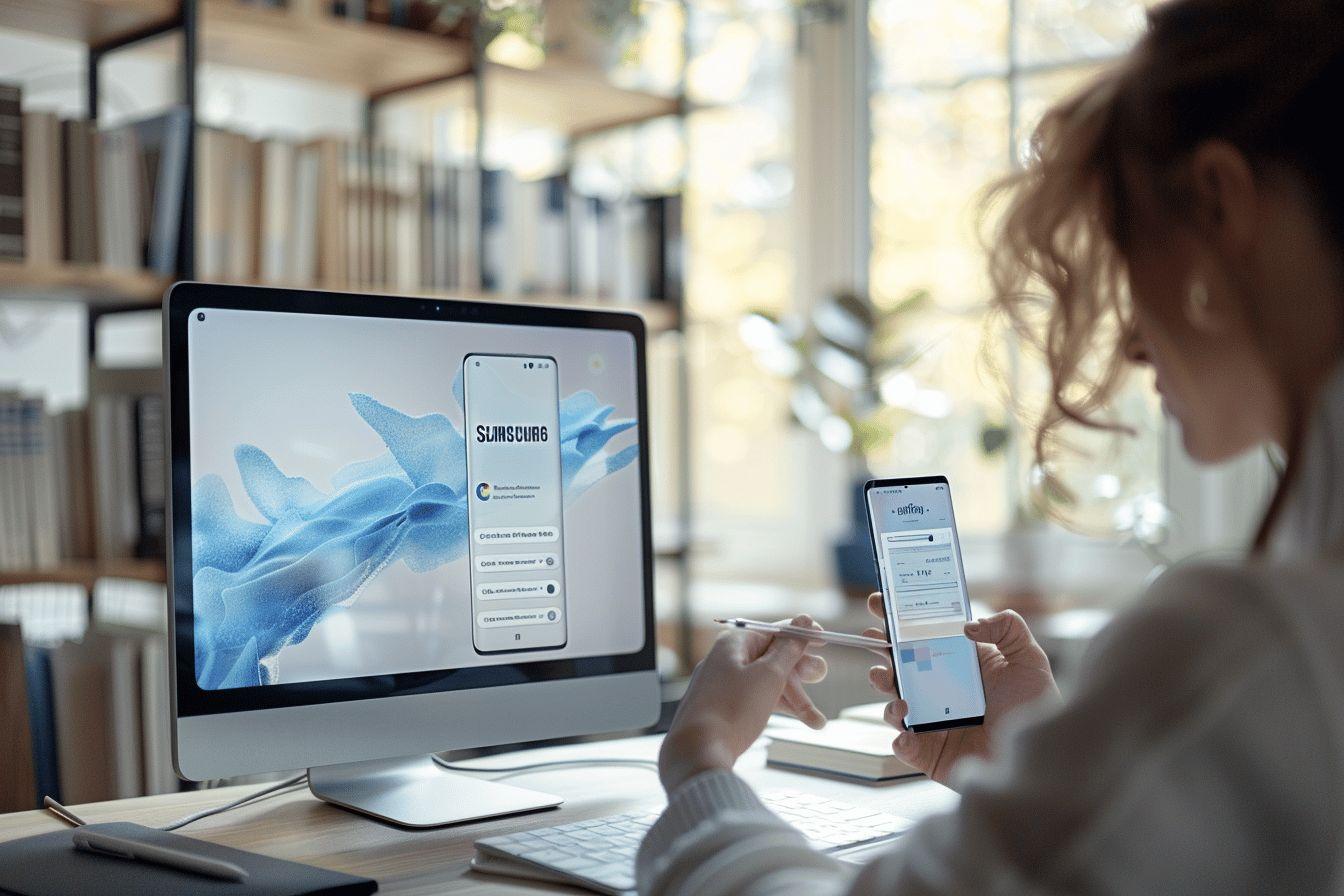 Une personne utilise un smartphone tout en regardant un ordinateur affichant une interface mobile