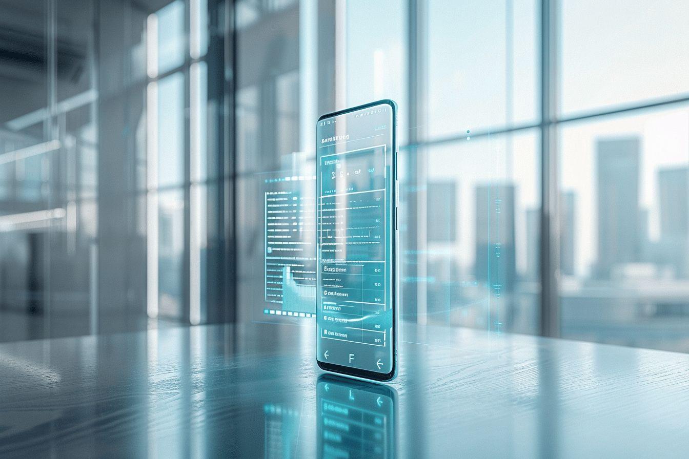 Écran transparent d'un téléphone portable affichant des informations numériques.
