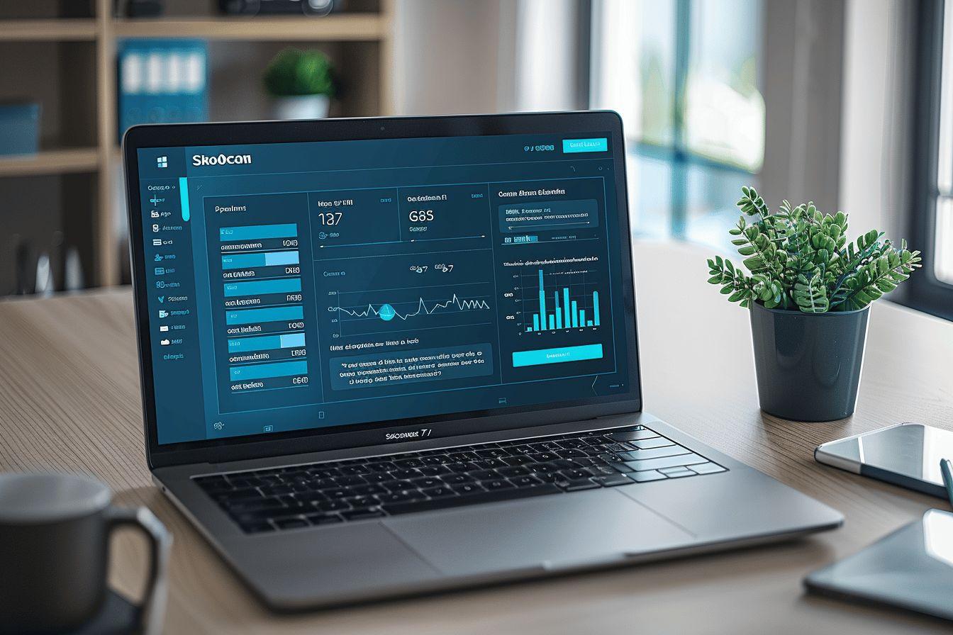 Un ordinateur portable affiché un tableau de bord analytique Skoocan sur son écran