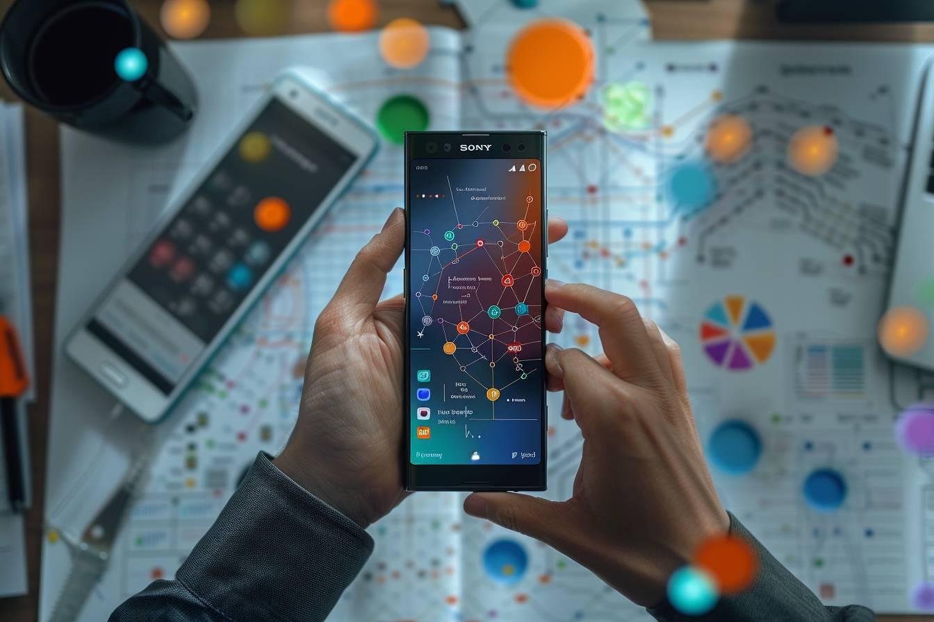 Une main tenant un téléphone Sony avec une carte interactive affichée à l'écran.