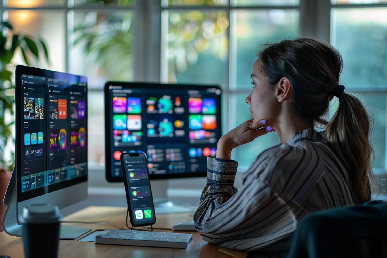 Une femme utilisant plusieurs appareils électroniques dans un bureau lumineux