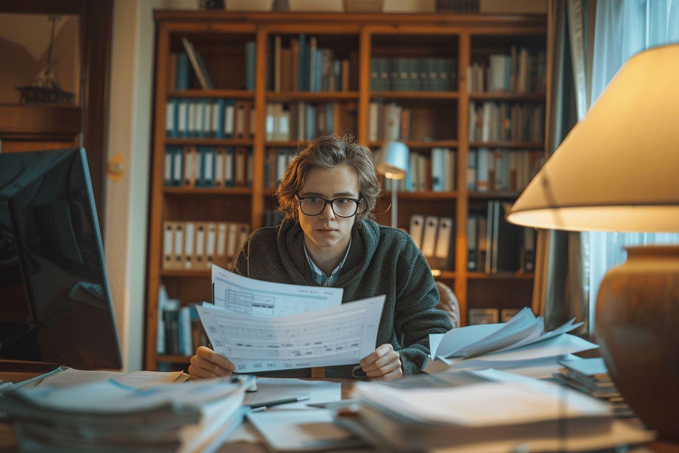 Homme dans une bibliothèque, assis à un bureau, concentré sur des documents