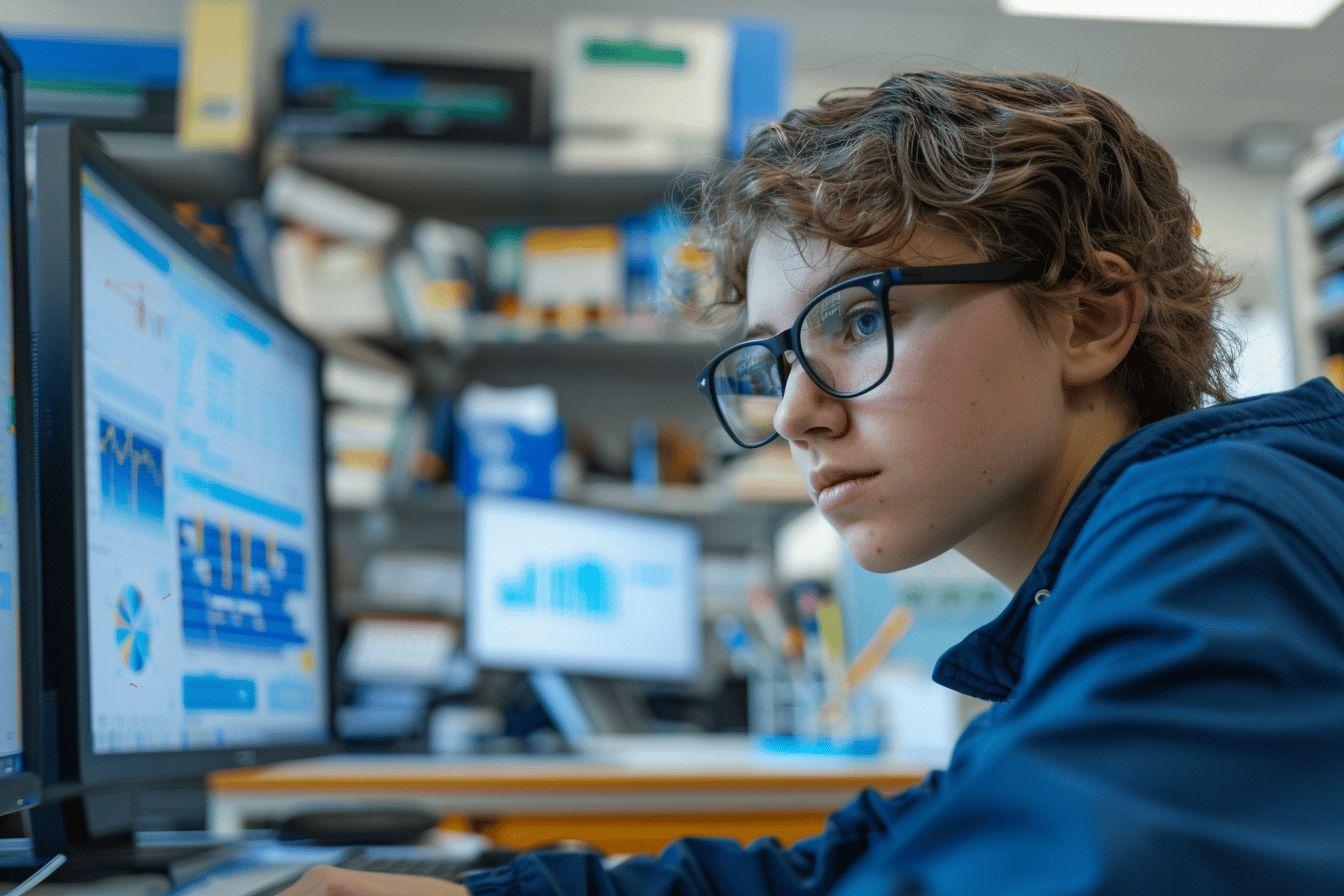 Un jeune garçon portant des lunettes, concentré sur un écran d'ordinateur