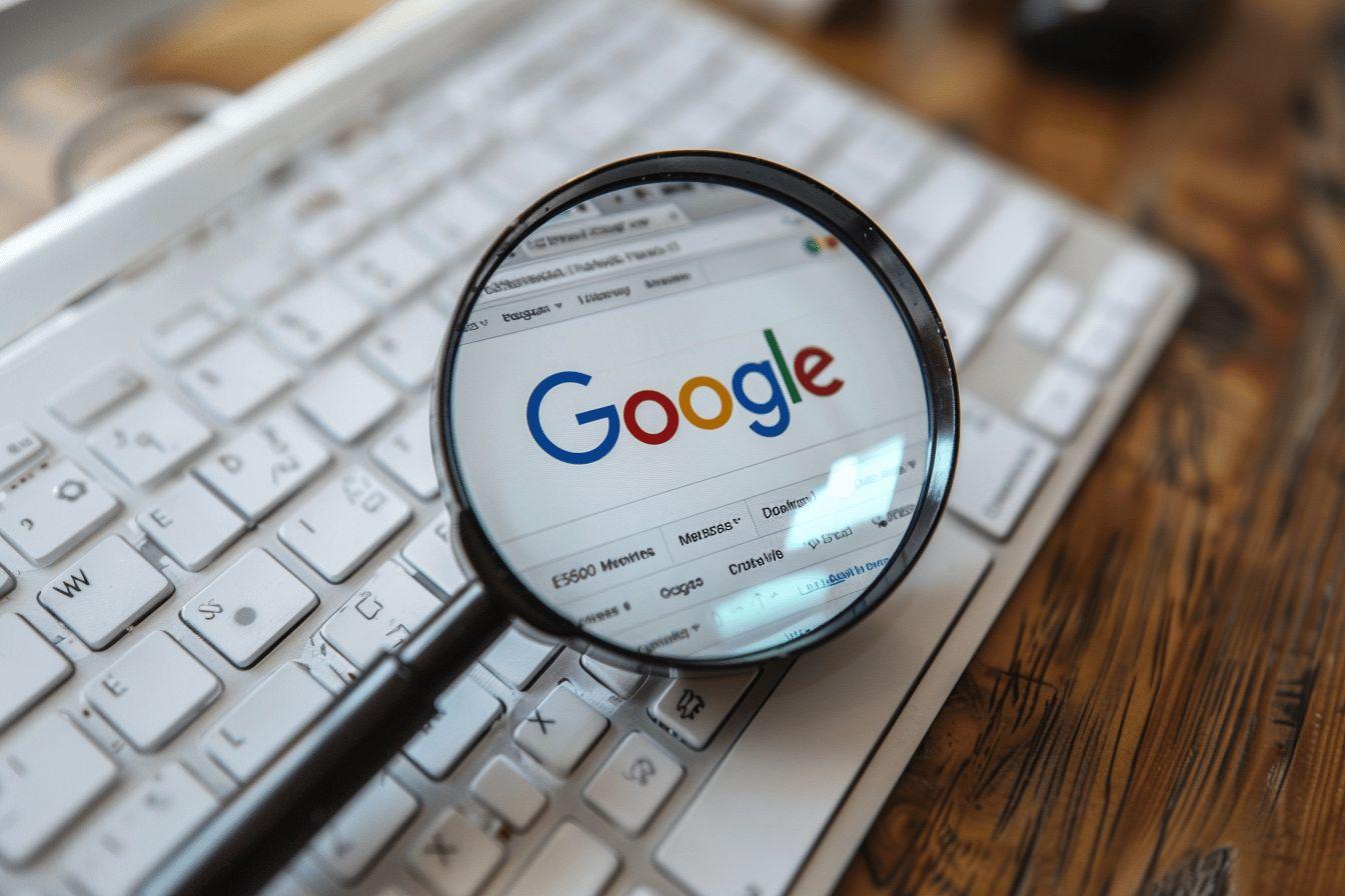 Gros plan sur le logo Google affiché à travers une loupe sur un clavier d'ordinateur
