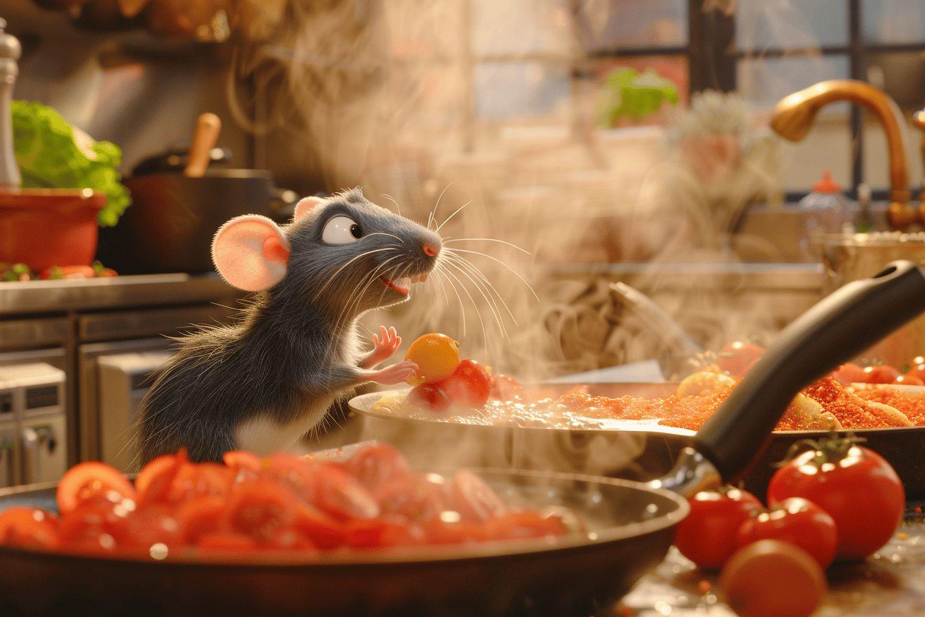 Une souris grise mange des aliments dans une cuisine encombrée