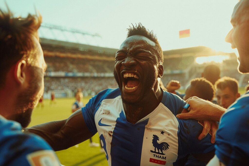 Un joueur de football célébrant avec enthousiasme une victoire dans un stade plein de supporters.