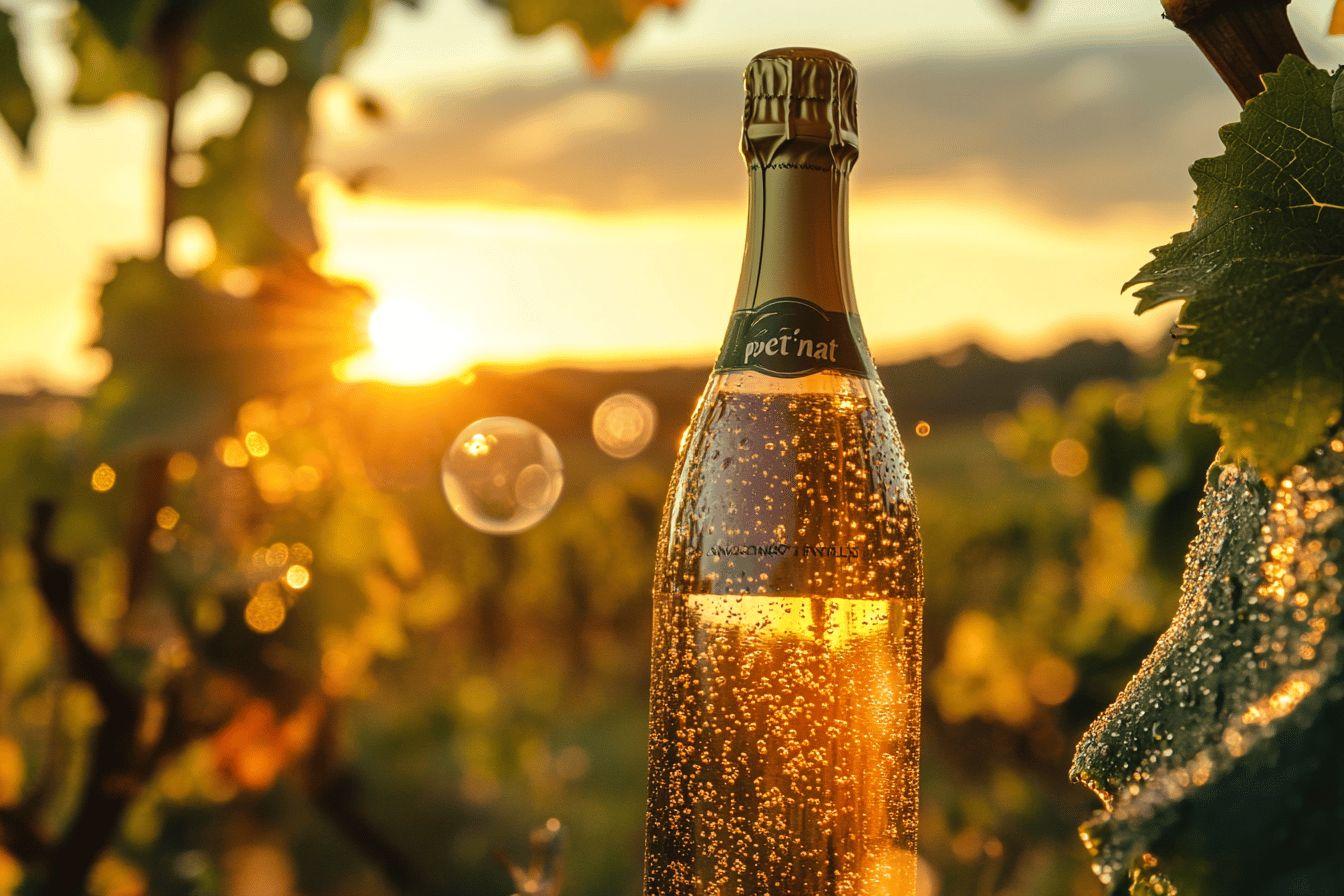 Bouteille de vin pétillant brillante dans un vignoble au coucher du soleil